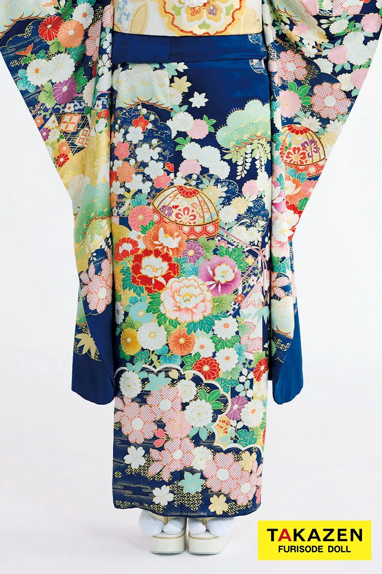 最新作プレミアム古典　紺色/ブルー　吉澤織物　毬柄/牡丹柄　吉祥の晴れ着田中優香の世界　かわいらしい振袖ネットレンタル　上品　佐藤不二子　27039