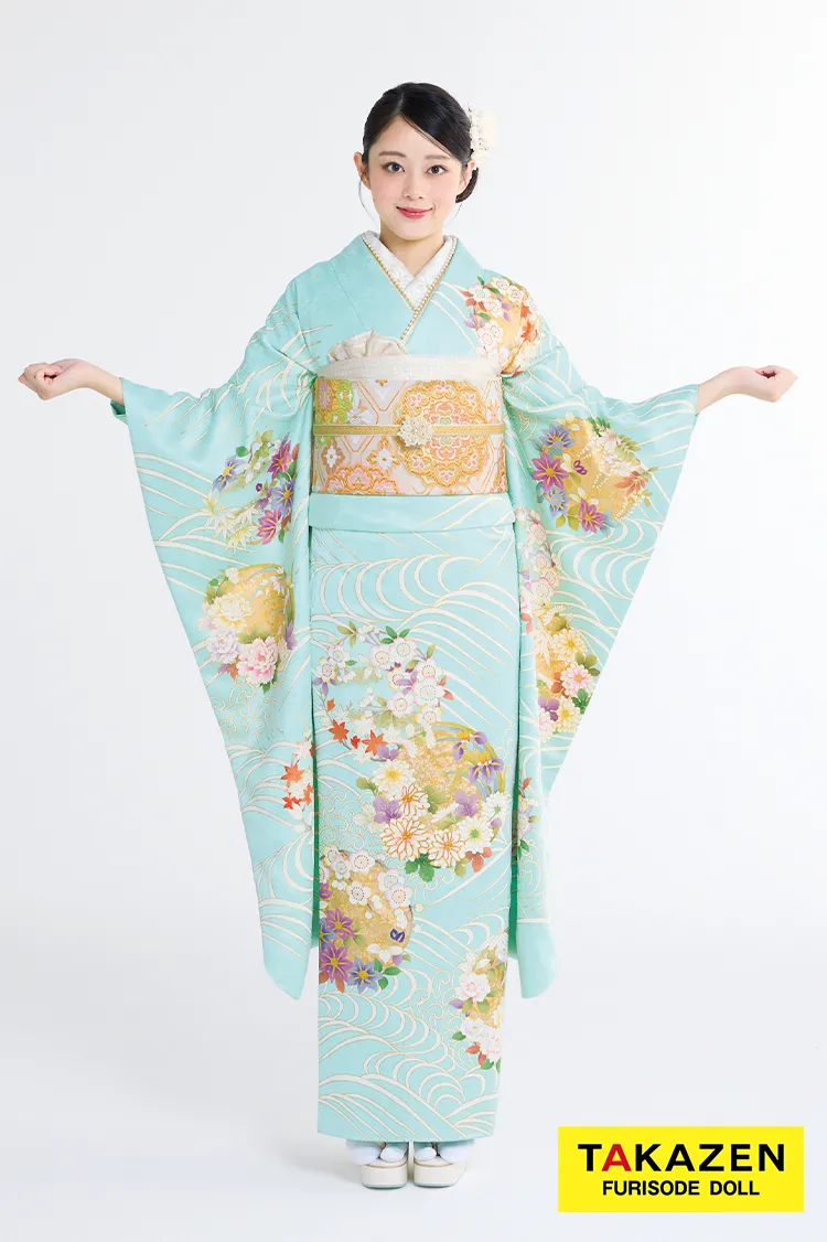 プレミアム古典　吉澤織物/最高級金彩手描友禅　水色　さわやか　綺麗　透明感のある振袖ネットレンタル　高級古典　佐藤不二子　23022