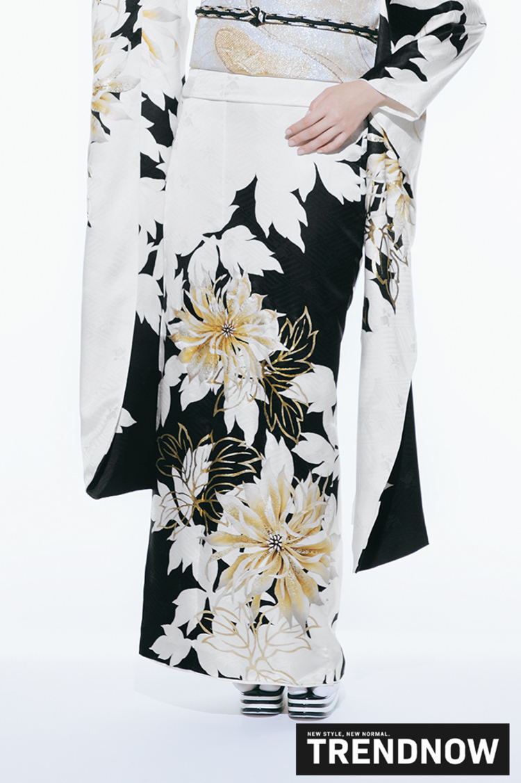 最新作トレンドナウ　ヴィンテージスタイル　白/黒　シンプル　かっこいい　きれいめ　大人っぽい振袖ネットレンタル　K1290