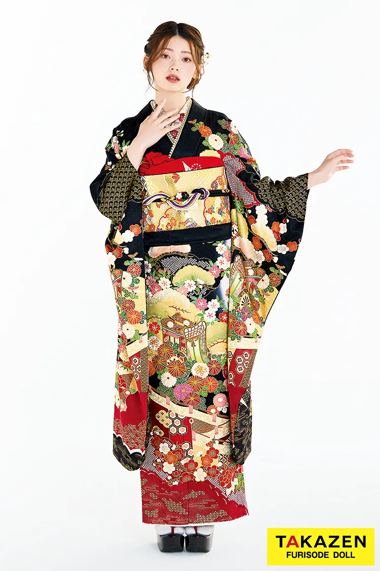 最新作高級古典　黒/赤　御所車/几帳　吉澤織物　『逸品』最高級染繍桶絞り友禅　かっこいい　大人っぽい　綺麗　上品な振袖ネットレンタル　南琴奈　27040