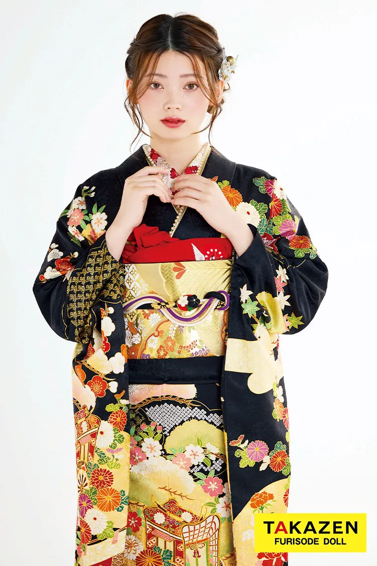 最新作高級古典　黒/赤　御所車/几帳　吉澤織物　『逸品』最高級染繍桶絞り友禅　かっこいい　大人っぽい　綺麗　上品な振袖ネットレンタル　南琴奈　27040