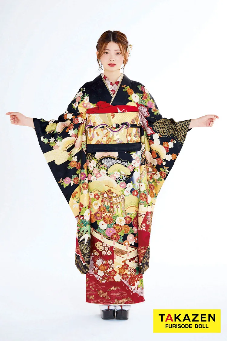 最新作高級古典　黒/赤　御所車/几帳　吉澤織物　『逸品』最高級染繍桶絞り友禅　かっこいい　大人っぽい　綺麗　上品な振袖ネットレンタル　南琴奈　27040