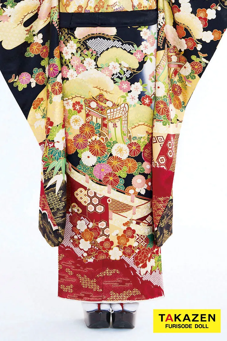 最新作高級古典　黒/赤　御所車/几帳　吉澤織物　『逸品』最高級染繍桶絞り友禅　かっこいい　大人っぽい　綺麗　上品な振袖ネットレンタル　南琴奈　27040