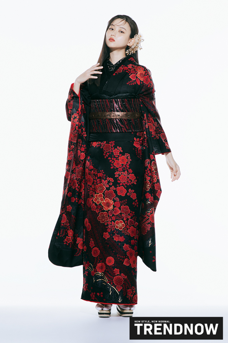 最新作トレンドナウ　ヴィンテージスタイル　黒/赤　シンプル　かっこいい　きれいめ　大人っぽい振袖ネットレンタル　K1291
