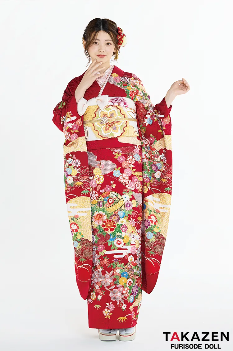 プレミアム古典　吉澤織物/最高級金彩手描友禅　赤　鞠柄　上品な振袖　清楚　人気　定番振袖ネットレンタル　南琴奈　22008