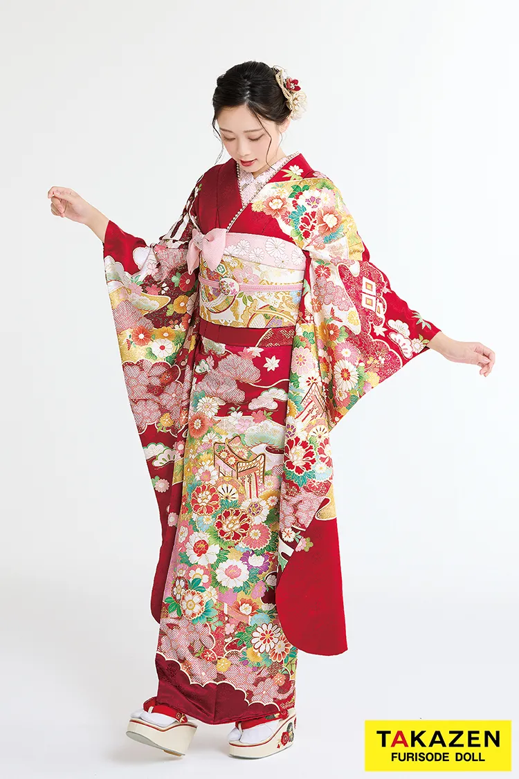 最新作高級古典　赤/赤地　御所車/雲取　吉澤織物　吉祥の晴れ着田中優子の世界　かわいい　はんなり　綺麗　上品な振袖ネットレンタル　佐藤不二子　27041