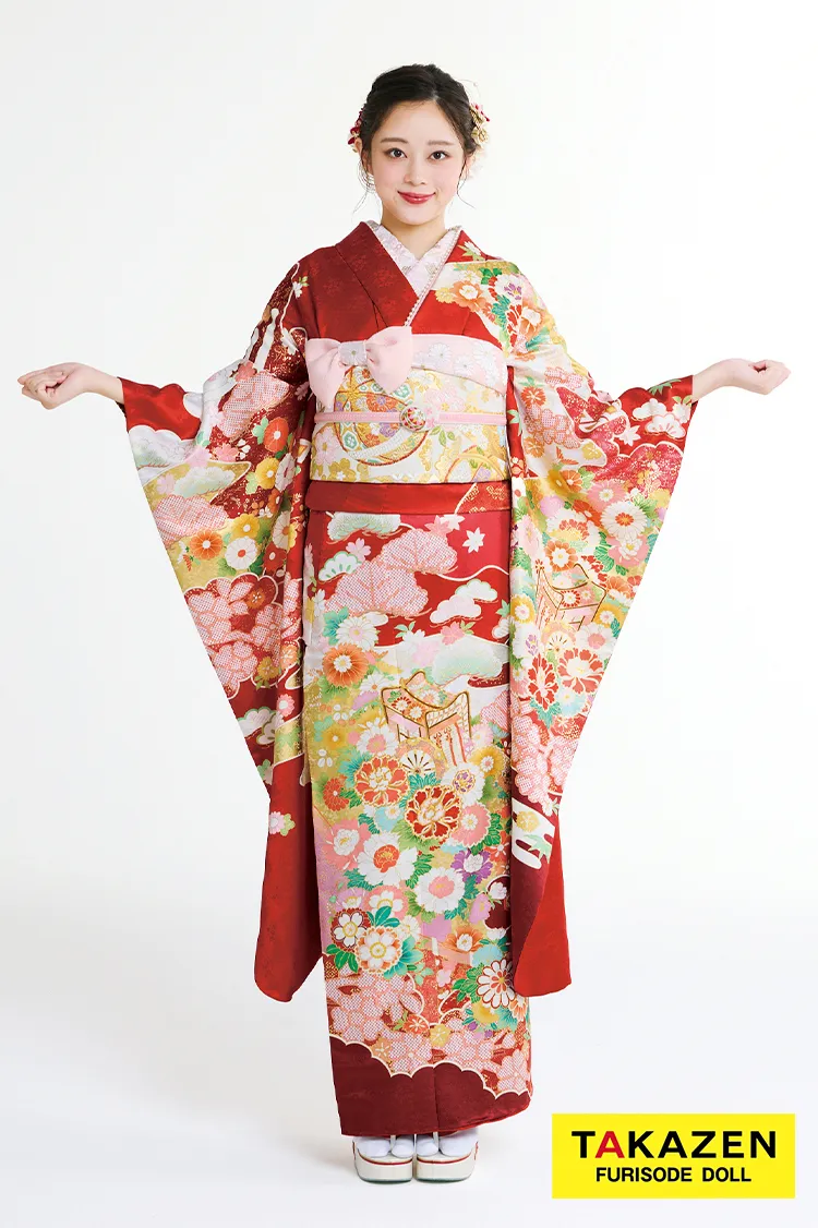 最新作高級古典　赤/赤地　御所車/雲取　吉澤織物　吉祥の晴れ着田中優子の世界　かわいい　はんなり　綺麗　上品な振袖ネットレンタル　佐藤不二子　27041