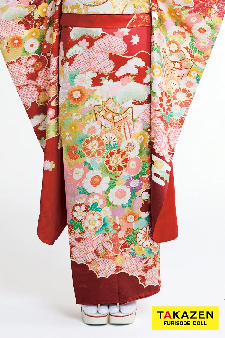 最新作高級古典　赤/赤地　御所車/雲取　吉澤織物　吉祥の晴れ着田中優子の世界　かわいい　はんなり　綺麗　上品な振袖ネットレンタル　佐藤不二子　27041