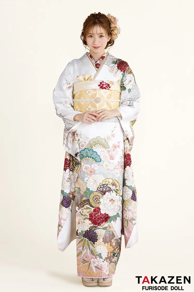 最新作正統派古典　白ピンク/淡い色　牡丹柄/松柄　はんなり　かわいい　おしとやか　柄小さめ　上品な振袖ネットレンタル　白宮みずほ　27028