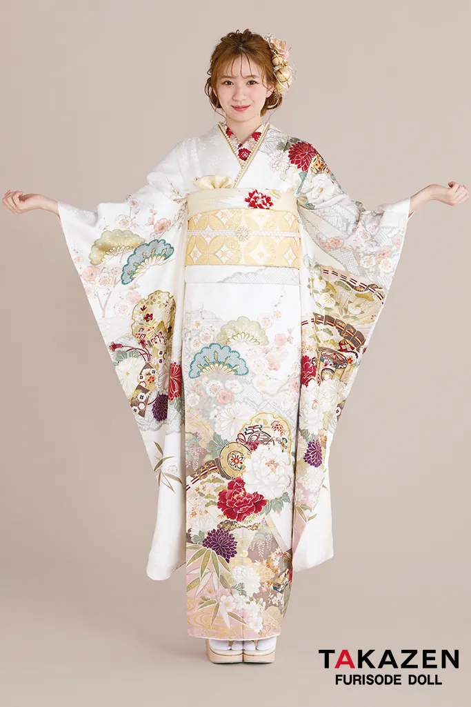 最新作正統派古典　白ピンク/淡い色　牡丹柄/松柄　はんなり　かわいい　おしとやか　柄小さめ　上品な振袖ネットレンタル　白宮みずほ　27028