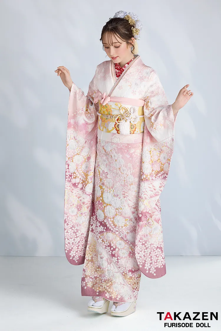 最新作高級古典　ピンク　桜柄　関芳　最高級金彩刺繍絞り友禅　ラメ入り生地　かわいい　煌びやか　綺麗　スワロフスキー付き振袖ネットレンタル　周防ジゼル　27043