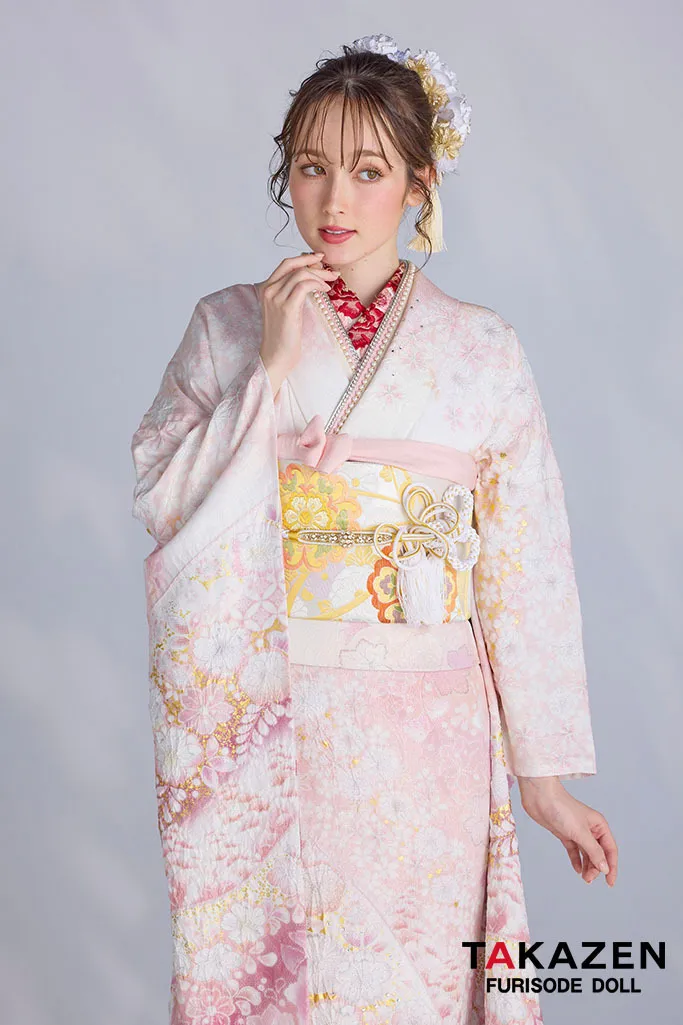 最新作高級古典　ピンク　桜柄　関芳　最高級金彩刺繍絞り友禅　ラメ入り生地　かわいい　煌びやか　綺麗　スワロフスキー付き振袖ネットレンタル　周防ジゼル　27043