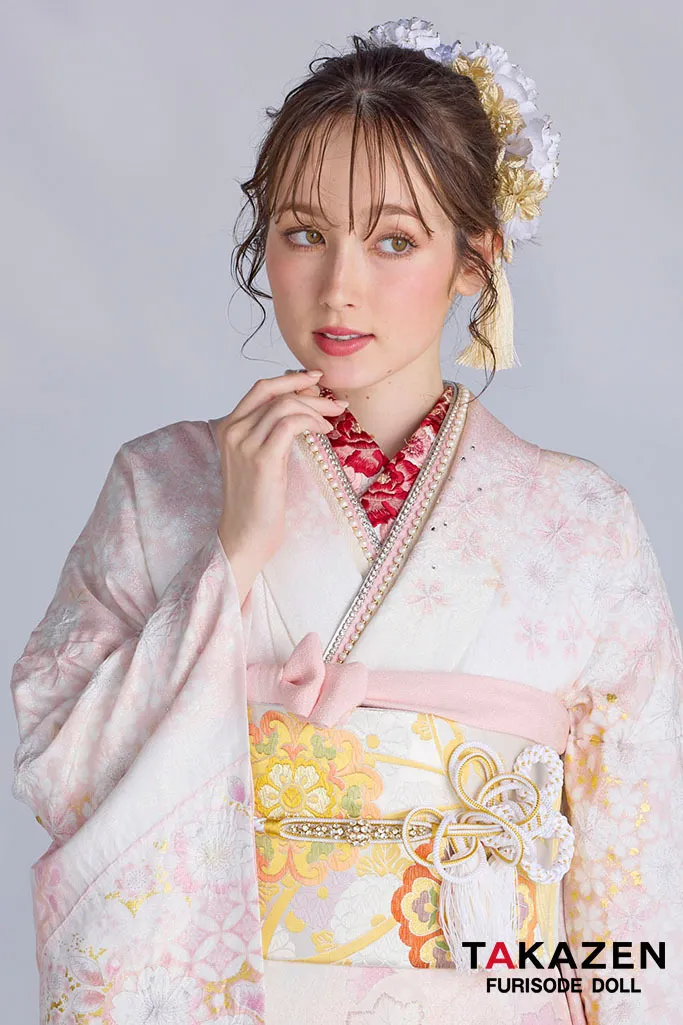 最新作高級古典　ピンク　桜柄　関芳　最高級金彩刺繍絞り友禅　ラメ入り生地　かわいい　煌びやか　綺麗　スワロフスキー付き振袖ネットレンタル　周防ジゼル　27043