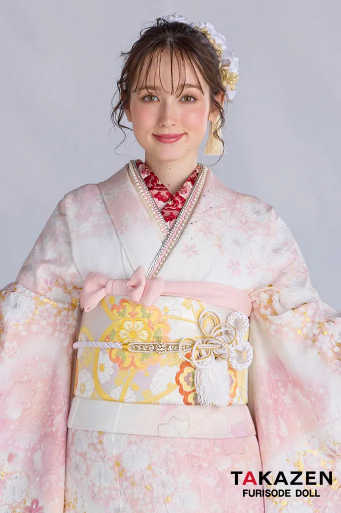 最新作高級古典　ピンク　桜柄　関芳　最高級金彩刺繍絞り友禅　ラメ入り生地　かわいい　煌びやか　綺麗　スワロフスキー付き振袖ネットレンタル　周防ジゼル　27043