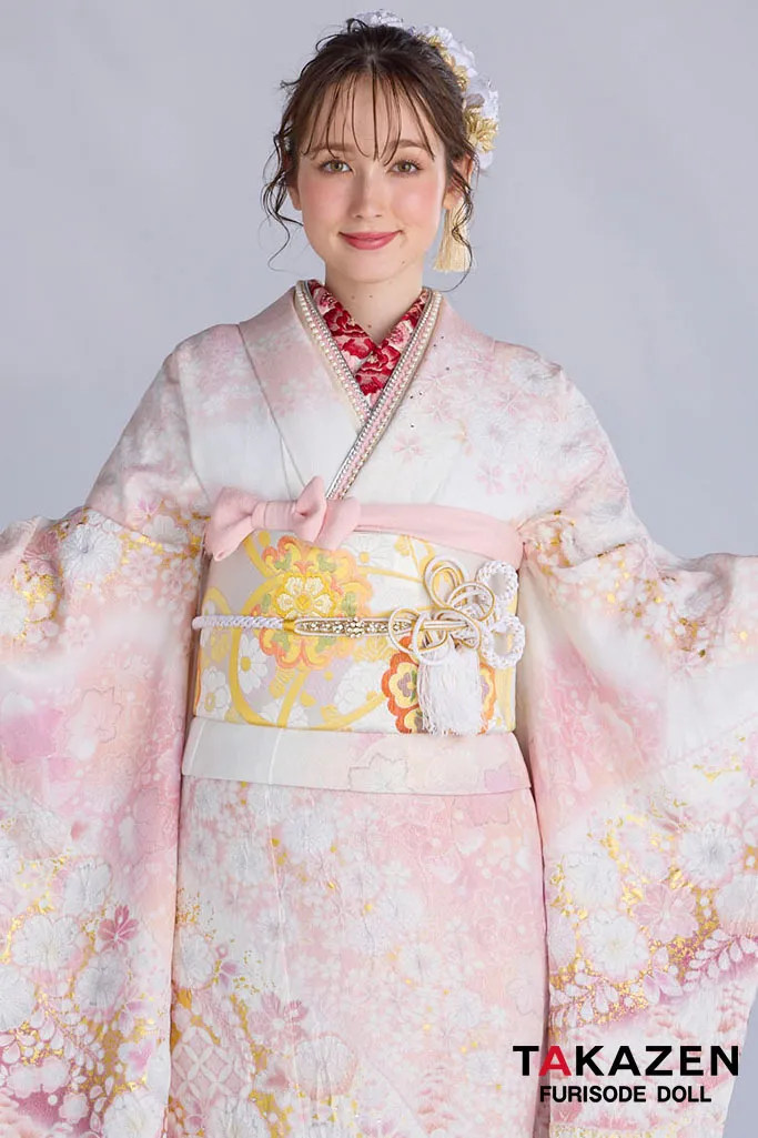 最新作高級古典　ピンク　桜柄　関芳　最高級金彩刺繍絞り友禅　ラメ入り生地　かわいい　煌びやか　綺麗　スワロフスキー付き振袖ネットレンタル　周防ジゼル　27043
