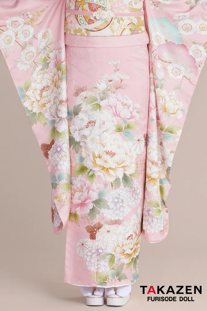 最新作正統派古典　ピンク/淡い色　牡丹柄/松柄　かわいい　おしとやか　品のある振袖ネットレンタル　綺麗　佐藤不二子　27029