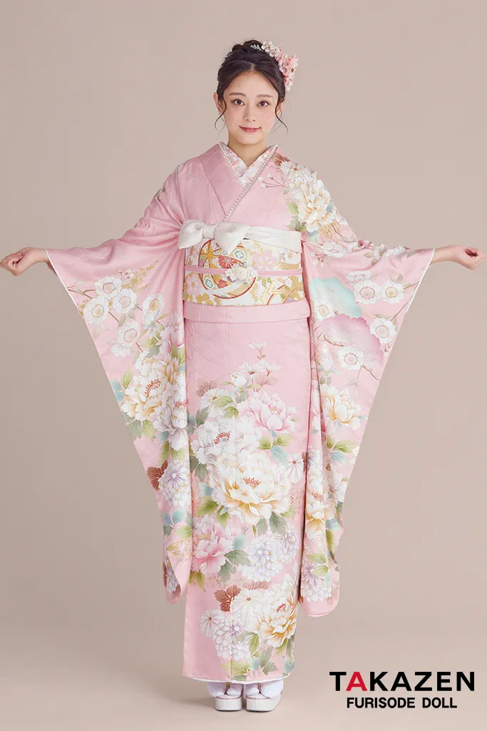最新作正統派古典　ピンク/淡い色　牡丹柄/松柄　かわいい　おしとやか　品のある振袖ネットレンタル　綺麗　佐藤不二子　27029