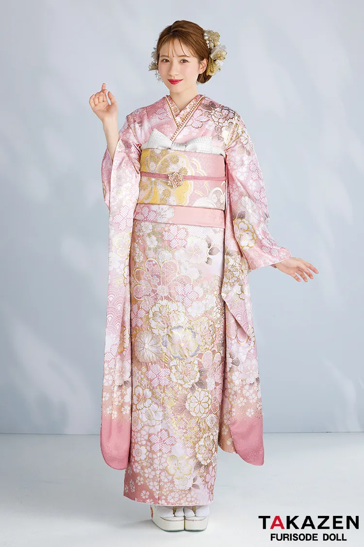 最新作高級古典　サーモンピンク　桜柄/鹿の子模様　関芳　最高級金彩刺繍絞り友禅　華やか　かわいい　綺麗な振袖ネットレンタル　白宮みずほ　27044