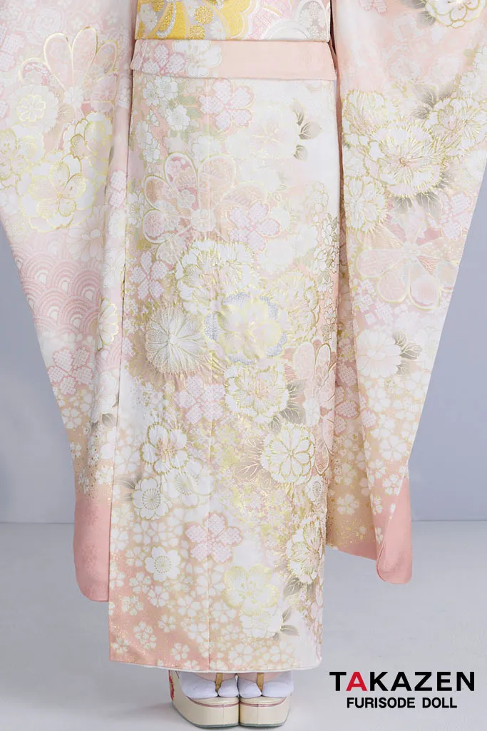 最新作高級古典　サーモンピンク　桜柄/鹿の子模様　関芳　最高級金彩刺繍絞り友禅　華やか　かわいい　綺麗な振袖ネットレンタル　白宮みずほ　27044