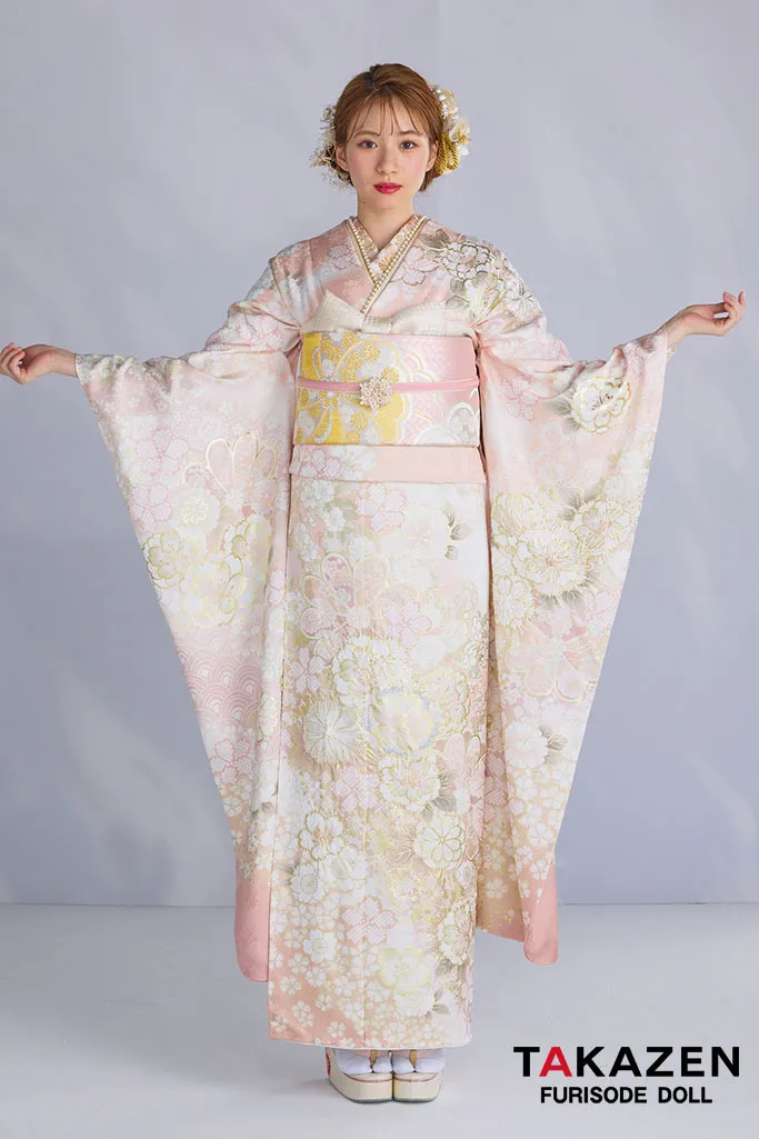 最新作高級古典　サーモンピンク　桜柄/鹿の子模様　関芳　最高級金彩刺繍絞り友禅　華やか　かわいい　綺麗な振袖ネットレンタル　白宮みずほ　27044