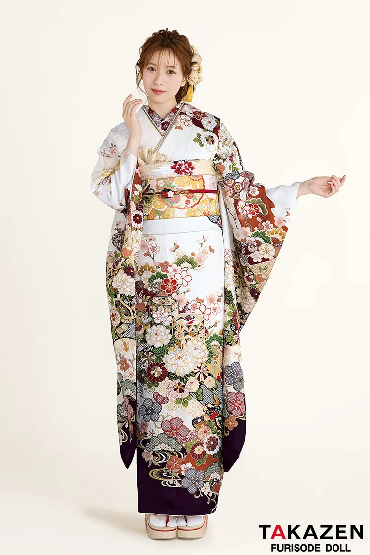 正統派古典　白/白ベース　貝桶柄/菊柄　上品　大人っぽい　清楚な振袖ネットレンタル　おしとやか　柄小さめ　白宮みずほ　26076