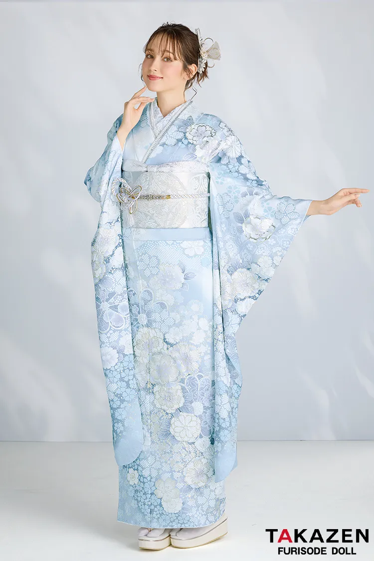 最新作高級古典　水色　桜柄/鹿の子模様　関芳　最高級金彩刺繍絞り友禅　透明感のある振袖　きれいめ振袖ネットレンタル　周防ジゼル　27045