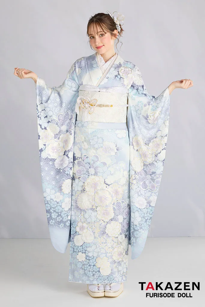 最新作高級古典　水色　桜柄/鹿の子模様　関芳　最高級金彩刺繍絞り友禅　透明感のある振袖　きれいめ振袖ネットレンタル　周防ジゼル　27045