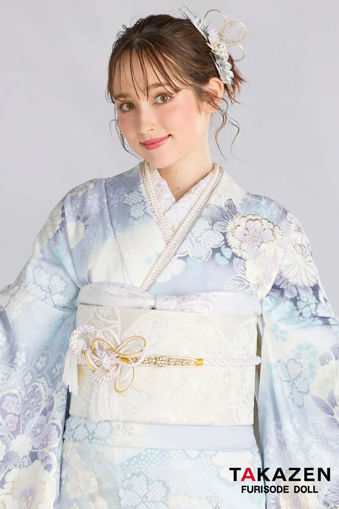 最新作高級古典　水色　桜柄/鹿の子模様　関芳　最高級金彩刺繍絞り友禅　透明感のある振袖　きれいめ振袖ネットレンタル　周防ジゼル　27045
