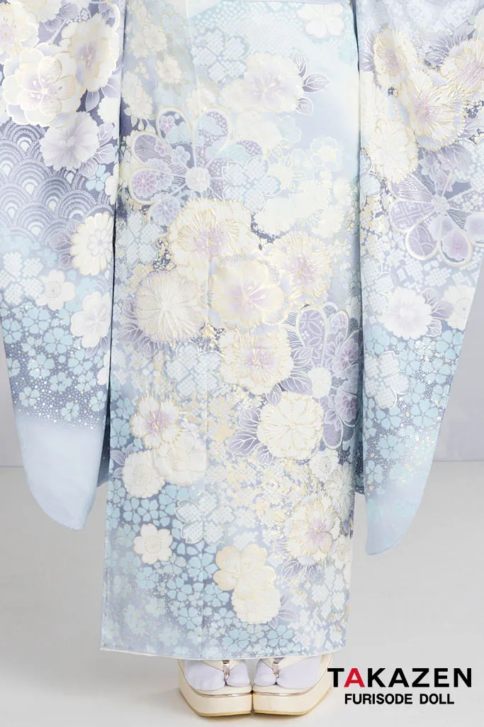 最新作高級古典　水色　桜柄/鹿の子模様　関芳　最高級金彩刺繍絞り友禅　透明感のある振袖　きれいめ振袖ネットレンタル　周防ジゼル　27045