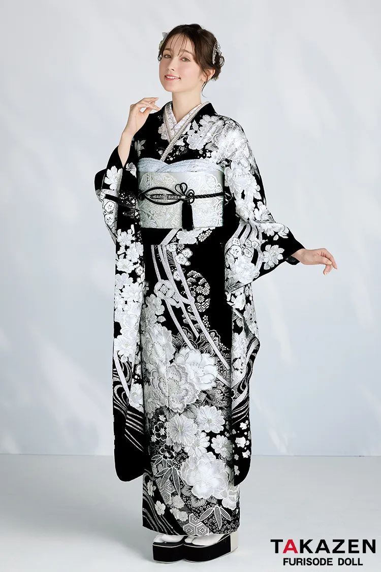 最新作高級古典　黒/白/シルバー　和柄　関芳　最高級金彩刺繍絞り友禅　スワロフスキー付き　キラキラ　かっこいい　大人っぽい振袖ネットレンタル　周防ジゼル　27046