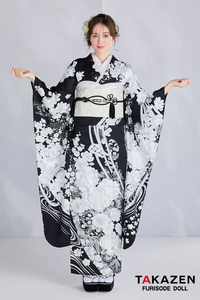 最新作高級古典　黒/白/シルバー　和柄　関芳　最高級金彩刺繍絞り友禅　スワロフスキー付き　キラキラ　かっこいい　大人っぽい振袖ネットレンタル　周防ジゼル　27046