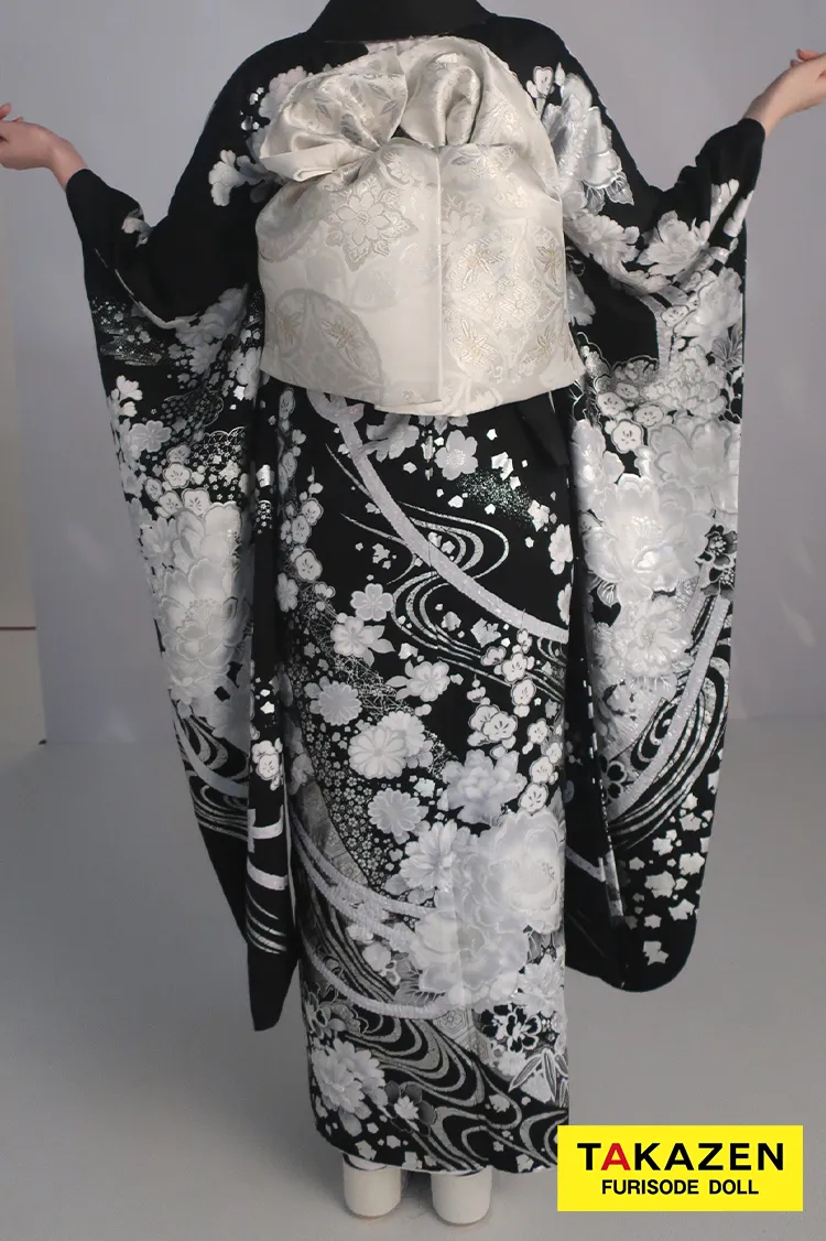最新作高級古典　黒/白/シルバー　和柄　関芳　最高級金彩刺繍絞り友禅　スワロフスキー付き　キラキラ　かっこいい　大人っぽい振袖ネットレンタル　周防ジゼル　27046