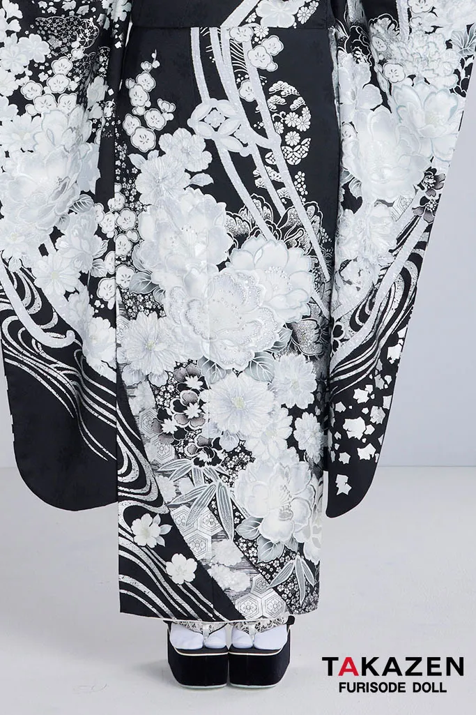 最新作高級古典　黒/白/シルバー　和柄　関芳　最高級金彩刺繍絞り友禅　スワロフスキー付き　キラキラ　かっこいい　大人っぽい振袖ネットレンタル　周防ジゼル　27046