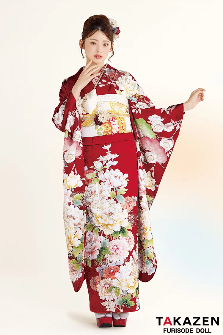 最新作正統派古典　赤　牡丹柄　王道　かわいい　華やか　品のある振袖ネットレンタル　上品　南琴奈　27031