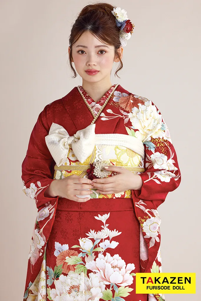 最新作正統派古典　赤　牡丹柄　王道　かわいい　華やか　品のある振袖ネットレンタル　上品　南琴奈　27031