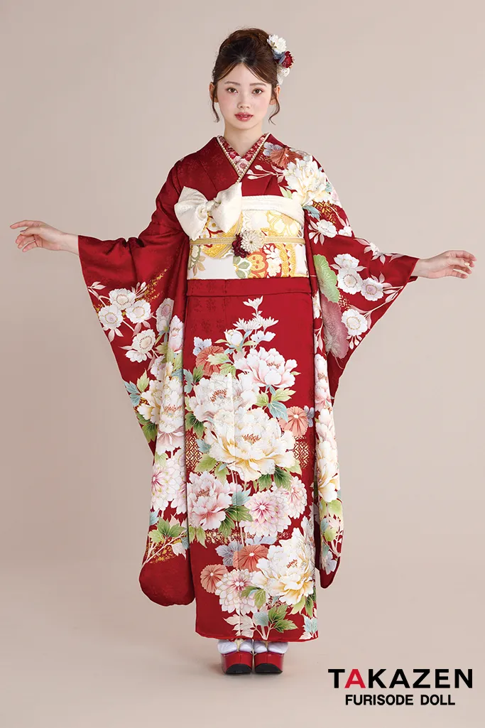 最新作正統派古典　赤　牡丹柄　王道　かわいい　華やか　品のある振袖ネットレンタル　上品　南琴奈　27031