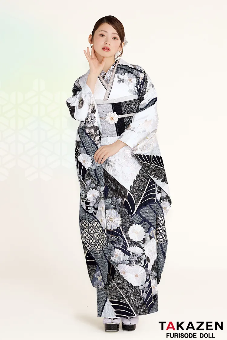 正統派古典　白/グレー　菊柄　スタイリッシュ　シック　かっこいい　大人っぽい　粋な振袖ネットレンタル　南琴奈　26070