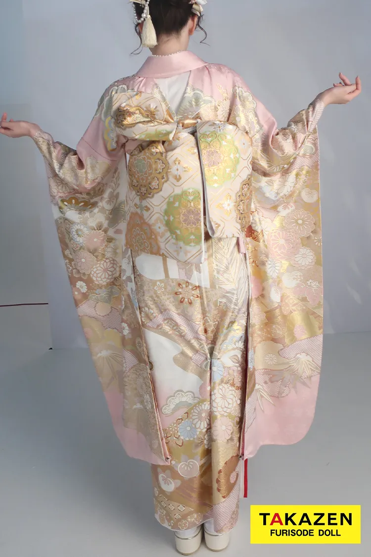 最新作プレミアム古典　ピンク/白　菊柄/鹿の子　関芳　最高級金彩刺繍絞り友禅　はんなり　美しい　かわいい振袖ネットレンタル　周防ジゼル　27048