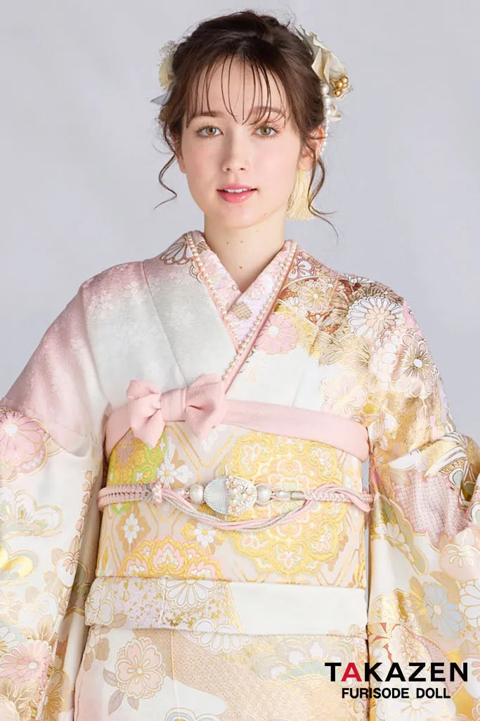 最新作プレミアム古典　ピンク/白　菊柄/鹿の子　関芳　最高級金彩刺繍絞り友禅　はんなり　美しい　かわいい振袖ネットレンタル　周防ジゼル　27048