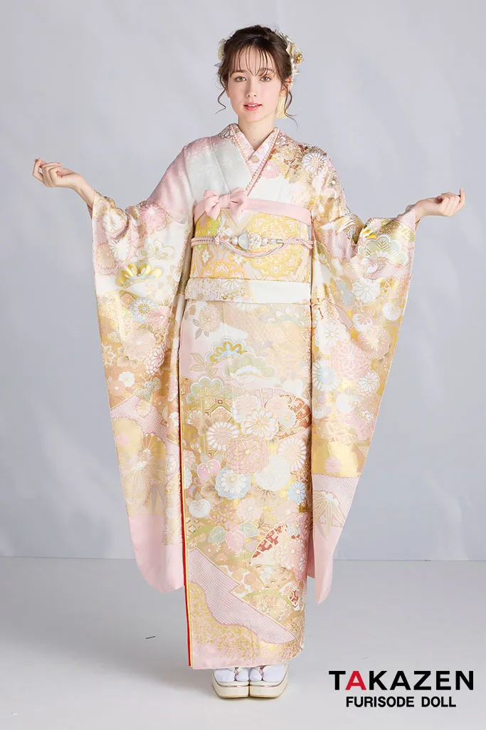 最新作プレミアム古典　ピンク/白　菊柄/鹿の子　関芳　最高級金彩刺繍絞り友禅　はんなり　美しい　かわいい振袖ネットレンタル　周防ジゼル　27048