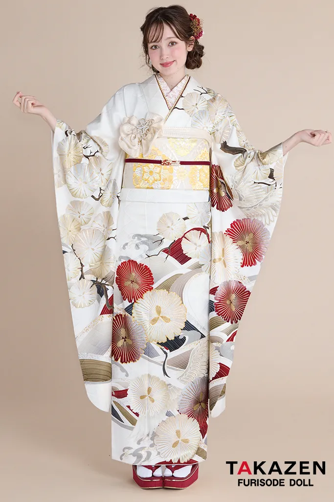 正統派古典　白地/赤　鶴柄/波模様　清楚　おめでたい　きれい　大人っぽい振袖ネットレンタル　上品　周防ジゼル　26022