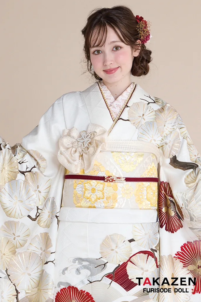 正統派古典　白地/赤　鶴柄/波模様　清楚　おめでたい　きれい　大人っぽい振袖ネットレンタル　上品　周防ジゼル　26022