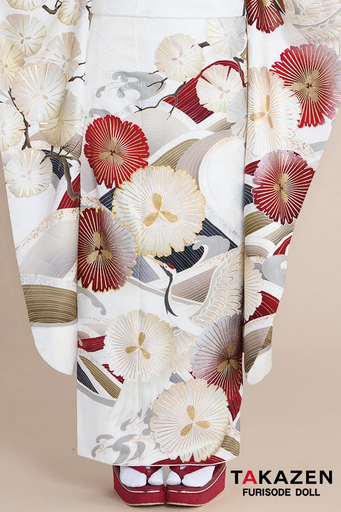 正統派古典　白地/赤　鶴柄/波模様　清楚　おめでたい　きれい　大人っぽい振袖ネットレンタル　上品　周防ジゼル　26022
