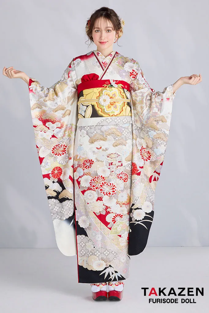 最新作プレミアム古典　白地/赤　　関芳　最高級金彩刺繍絞り友禅　かっこいい　大人っぽい　フリソデドールオリジナル振袖ネットレンタル　周防ジゼル　27050