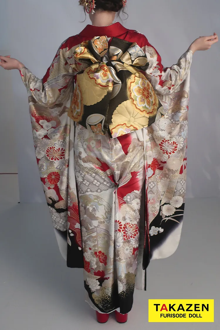 最新作プレミアム古典　白地/赤　　関芳　最高級金彩刺繍絞り友禅　かっこいい　大人っぽい　フリソデドールオリジナル振袖ネットレンタル　周防ジゼル　27050