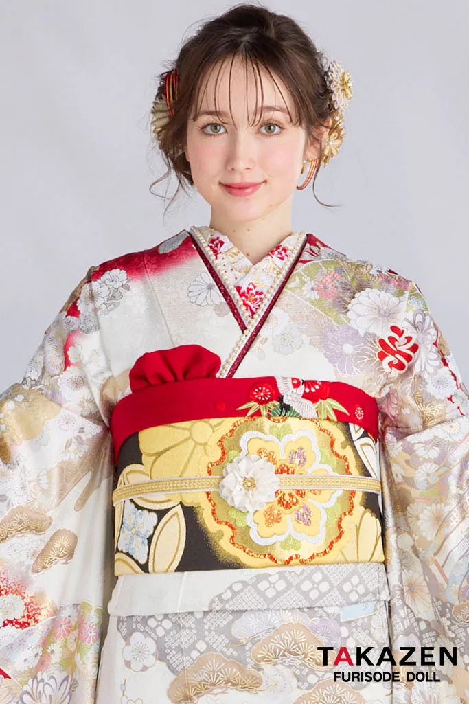 最新作プレミアム古典　白地/赤　　関芳　最高級金彩刺繍絞り友禅　かっこいい　大人っぽい　フリソデドールオリジナル振袖ネットレンタル　周防ジゼル　27050