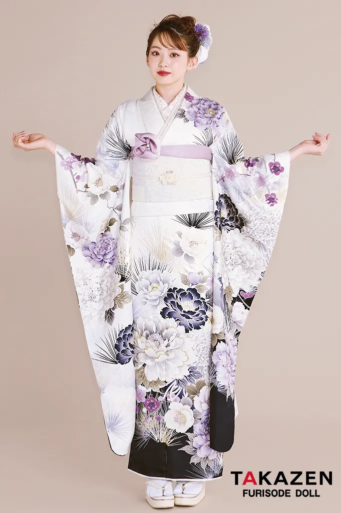 最新作正統派古典　白紫　牡丹柄　大人っぽい　きれいめ　透明感　品のある振袖ネットレンタル　上品　村上なずな　27030