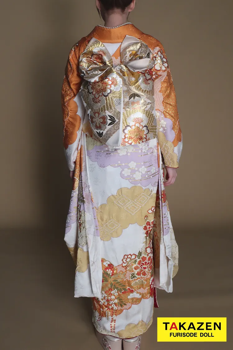 最新作高級古典 白地/オレンジ 滝泰 最高級金彩刺繍絞り友禅 きれいめ