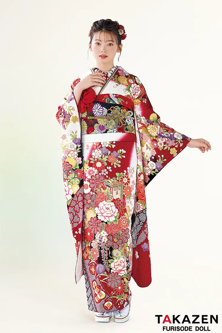 正統派古典　赤/黒/白　御所車柄/牡丹柄　人気　上品　可愛い　伝統的古典　清楚系振袖ネットレンタル　最高級金彩刺繍絞り友禅　南琴奈　32054