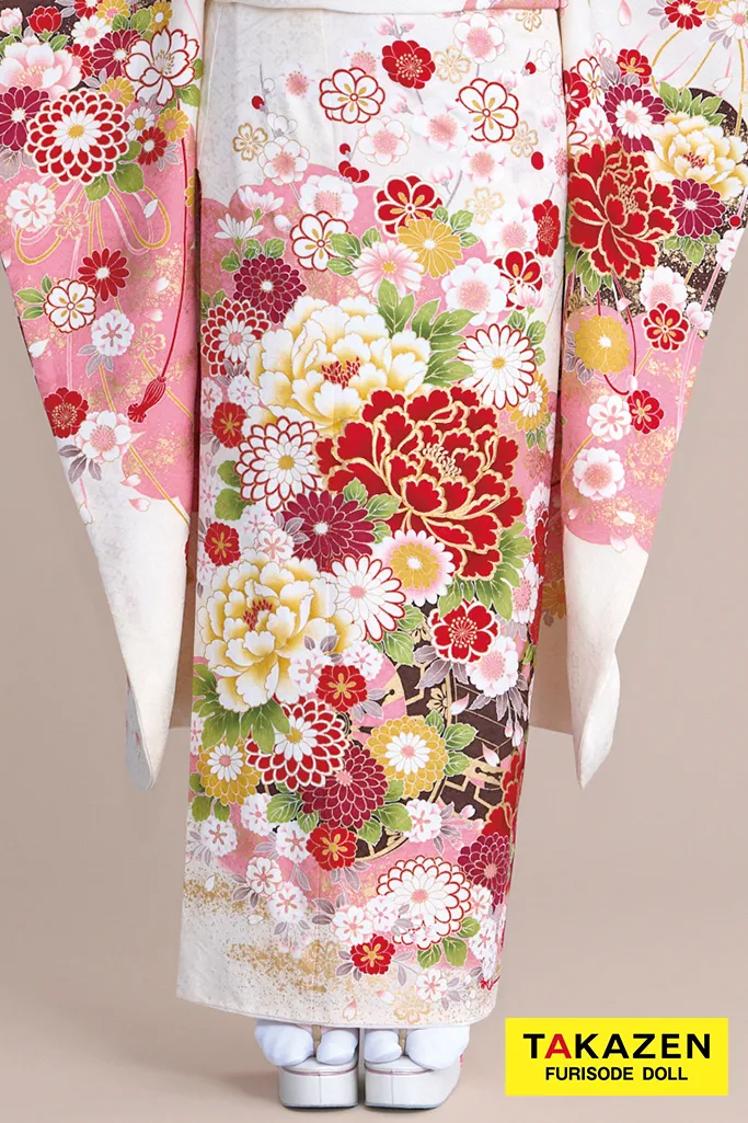 正統派古典　白ピンク　牡丹柄　かわいい振袖　金彩刺繍京友禅　女の子らしい振袖ネットレンタル　人気　伝統的　佐藤不二子　32051
